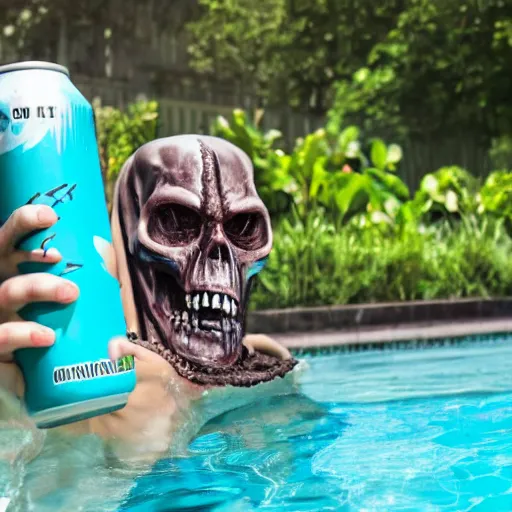 Image similar to undead lich holding a soda can by a pool, summertime, advertisement for energy drink, chlorine, energy drink commercial, detailed, hyperrealistic