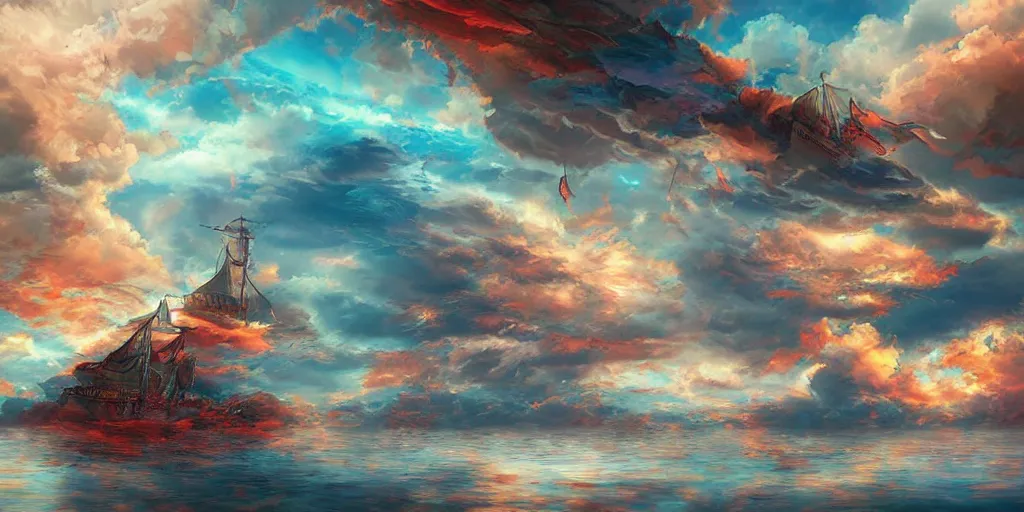 Prompt: ship sailing within the clouds, fantasy, trending on artstation, digital art, hyper detailed, hyper colorful