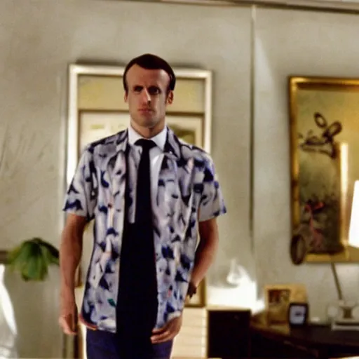 Image similar to Emmanuel Macron wearing Hawaiian shirt in American Psycho (1999)