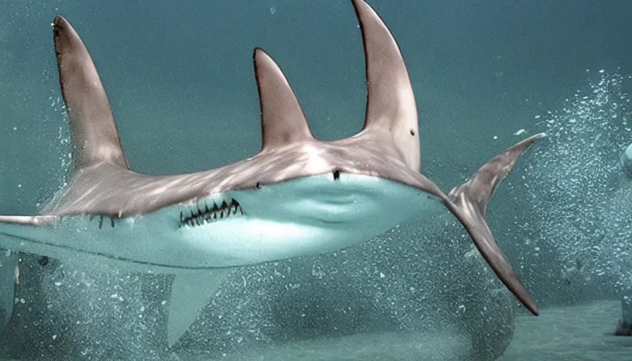 Image similar to big budget horror movie about a white pointer shark eating swimmers