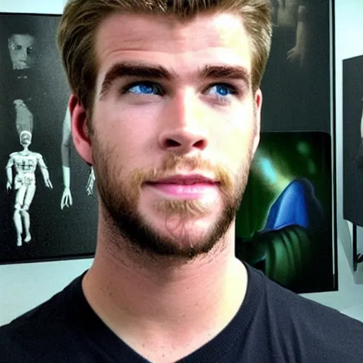 Image similar to “a realistic detailed photo of a guy who is an attractive humanoid who is half robot and half humanoid, who is a male android, actor Liam Hemsworth, shiny skin, posing like a statue, blank stare, at the museum, on display”