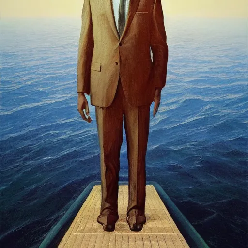 Image similar to a beautiful painting of a man in a suit stands on the redsea by greg rutkowski and zdzisław beksinski and rene magritte, in style of digital art. hyper detailed, sharp focus, soft light. unreal engine 5. ray tracing. trending on artstation