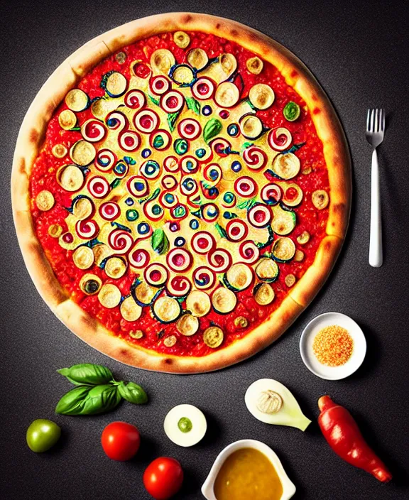 Image similar to big pizza with ingredientes forming a mandala, hyper realistic, food photography, advertising photography, tasty.