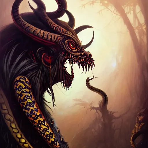 Image similar to side profile of barong family member, wiwek, mara demon, one single tribe member, jungle, one single mask, dark, ancient viking warrior, snake, cameleont, tribal, inner glow, paint by peter mohrbacher