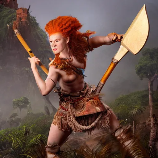 Image similar to a ginger dwaven women wielding a hammer and shield emerges from a hostile jungle. Before her lays an awesome floating mountain in the shape of a human heart. 4k realism