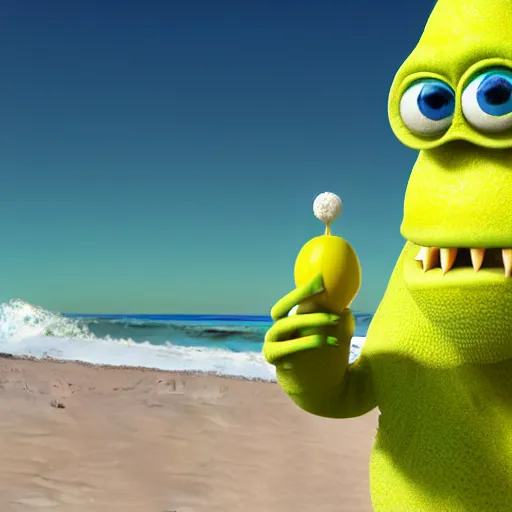 Image similar to 3 d render, of anthropomorphic lemon character looks like a monster from the movie وmonsters inc, with lemon skin texture, he is wearing a hat, building a sandcastle on the beach at sunset, beach, huge waves, sun, clouds, long violet and green trees, rim light, cinematic photography, professional, sand, sandcastle, volumetric lightening