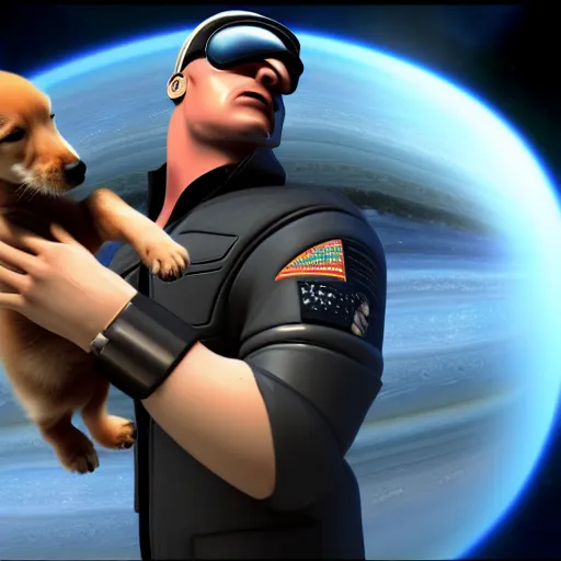Image similar to t 8 0 0 terminator eating sandwich, hugging a cute puppy while surfing on a saxophone over rings of saturn in space, team fortress 2 sцcreenshot