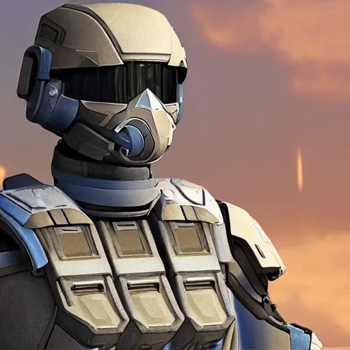 Image similar to a futuristic soldier captain with an armored visor and a blue shoulderpad