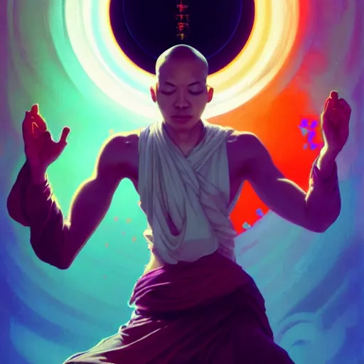 Prompt: a floating monk meditating, channeling swirling energy, wearing cyberpunk clothing, vaporwave aesthetic, colorful, psychedelic, digital painting, artstation, concept art, smooth, sharp focus, illustration, art by artgerm and greg rutkowski and alphonse mucha