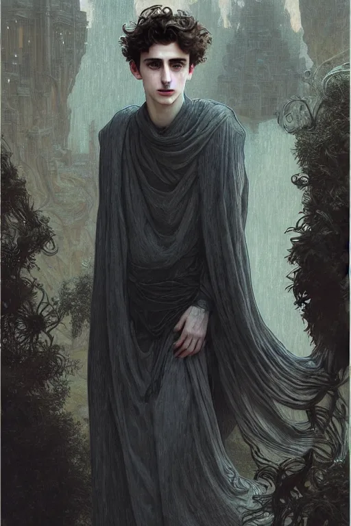 Image similar to portrait of timothee chalamet as dream of the endless, the sandman, grey clothes, in persian temple wet night, sci - fi and fantasy, intricate and very very beautiful and elegant, highly detailed, digital painting, artstation, concept art, smooth and sharp focus, illustration, art by tian zi and wlop and alphonse mucha