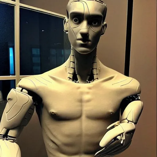 Image similar to “a realistic detailed photo of a guy who is an attractive humanoid who is half robot and half humanoid, who is a male android, American freestyle and folkstyle wrestler from Oklahoma AJ Ferrari, shiny skin, posing like a statue, blank stare, at college, on display”