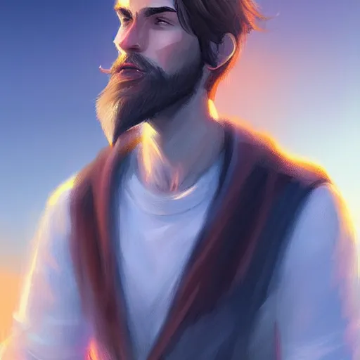 Image similar to young man with a light beard, beautiful sunset, high definition, concept art, digital painting, art station, sharp focus, art by Bowater and Charlie