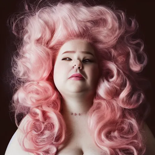 Prompt: dream a photograph of rose quartz from steven universe, portrait photography, 85mm, iso 400, focus mode, a kind expression, rosy chubby cheeks, detailed portrait, gigantic pink ringlets, huge curly pink hair, tight gigantic pink curls, warm features, a beautiful smile, bangs, plus size, white dress, gorgeous, kind features, beautiful woman, flattering photo, daylight