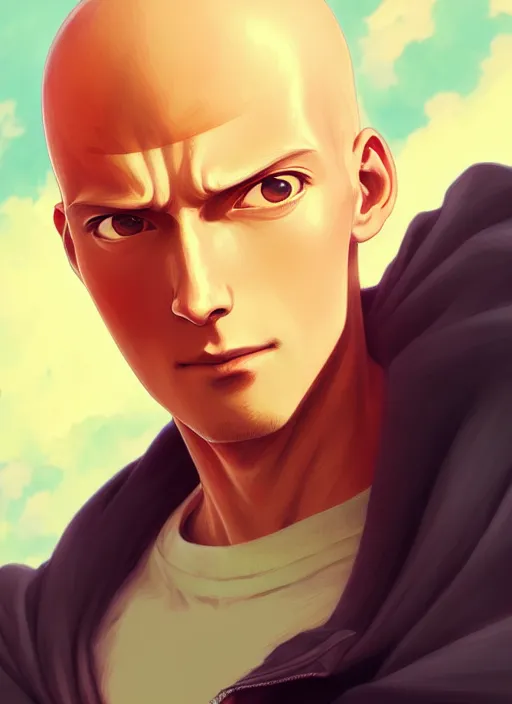 Prompt: handsome saitama, half body shot, path traced, punch, highly detailed, high quality, digital painting, alena aenami, lilia alvarado, shinji aramaki, karol bak, alphonse mucha, tom bagshaw