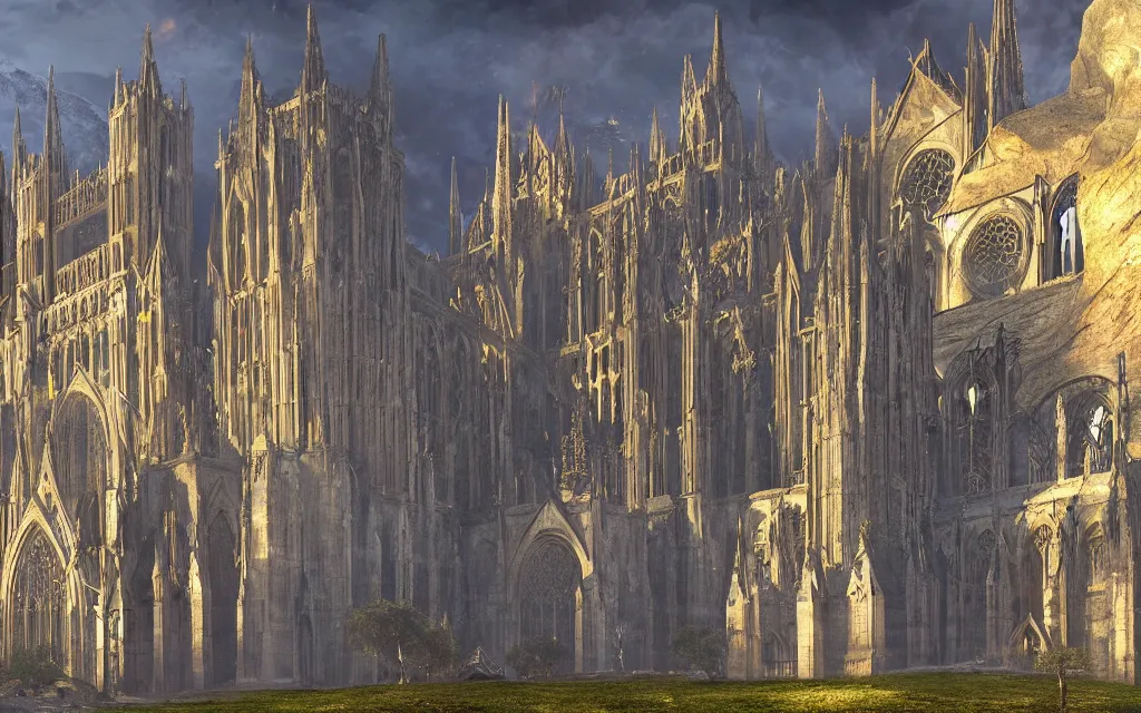 Prompt: the enormous gothic cathedral was built out of the mountainside, 8k resolution matte fantasy painting, cinematic lighting