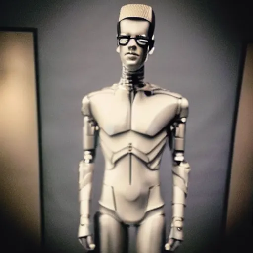 Image similar to “a realistic detailed photo of a guy who is an attractive humanoid who is half robot and half humanoid, who is a male android, actor Grant Gustin, shiny skin, posing like a statue, blank stare, at the museum, on display”