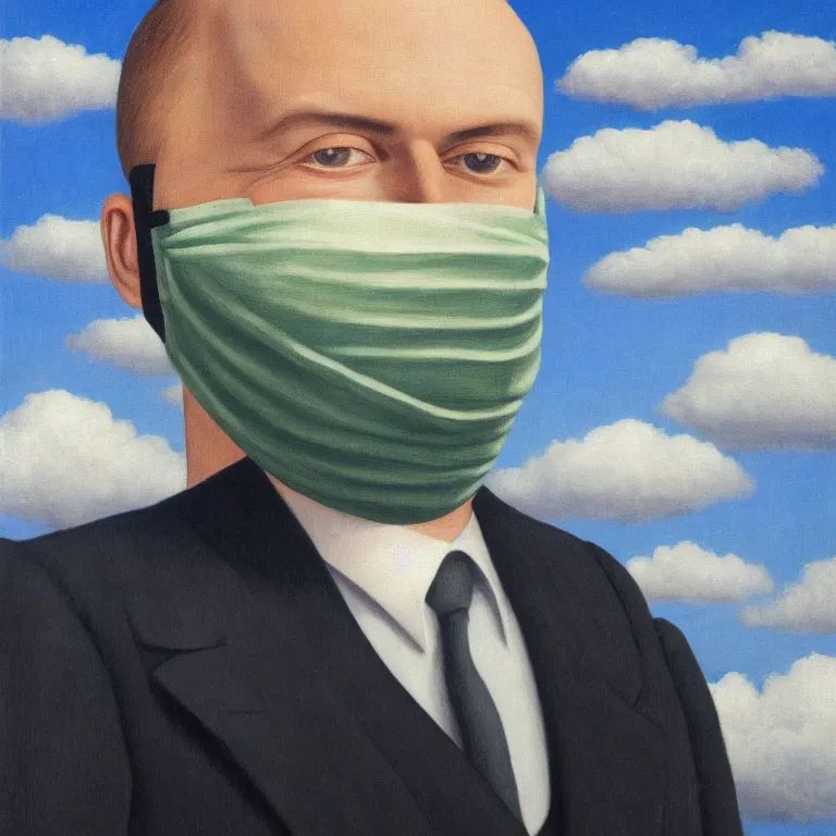 Prompt: portrait of a faceless cloth mask - head man in a suit, clouds in the background, by rene magritte, detailed painting, distance, centered, hd, hq, high resolution, high detail, 4 k, 8 k