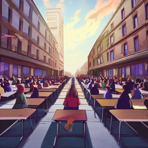 Prompt: people sitting in rows of school desks in the middle of a city street, first person view from back row, dreamy atmosphere, high quality digital art