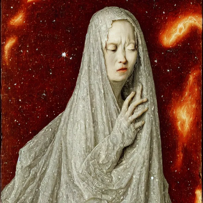 Image similar to a veiled woman made of stone crying in a nebula, by Jan van Eyck