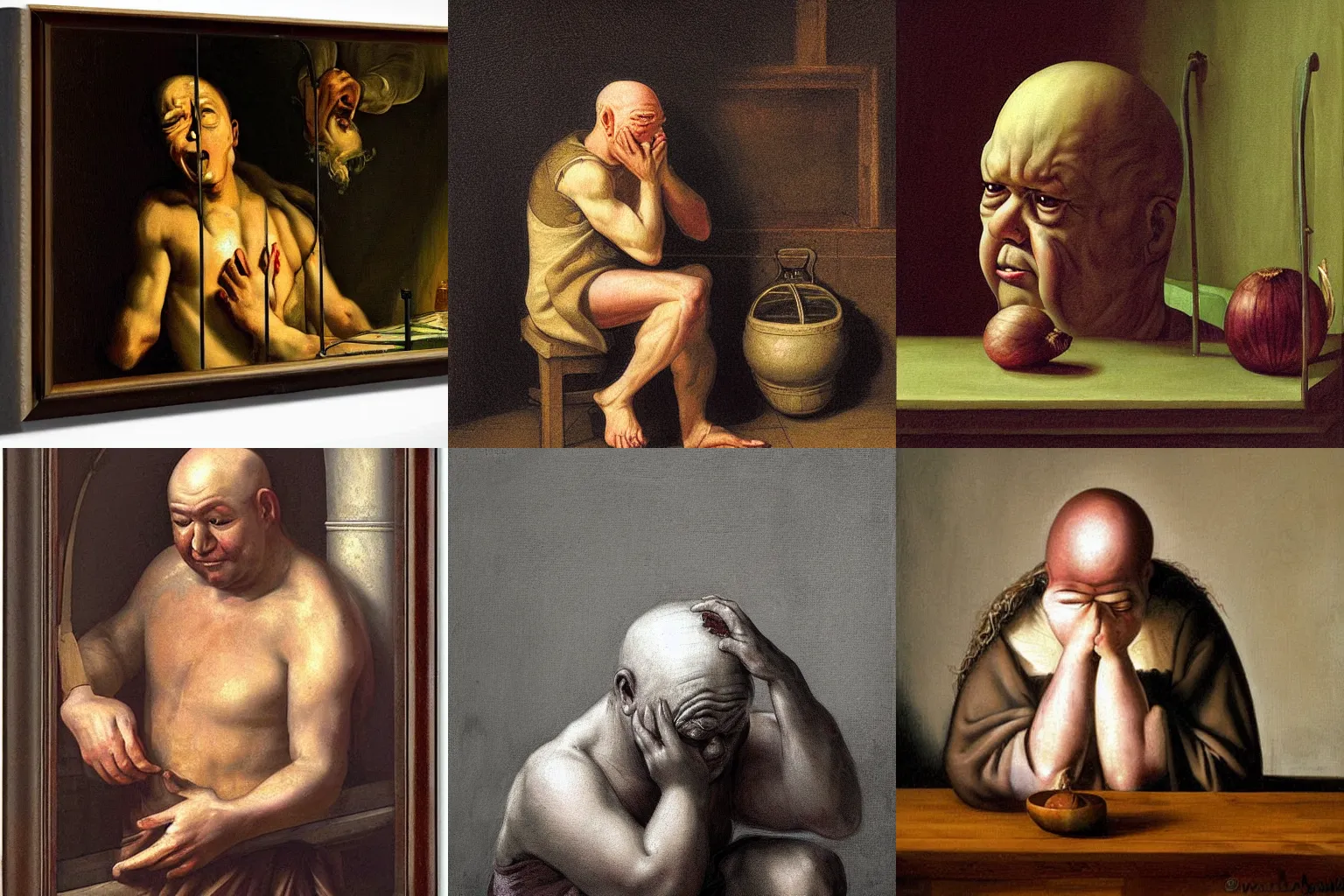 Prompt: crying onion man behind bars, baroque painting, sorrowful