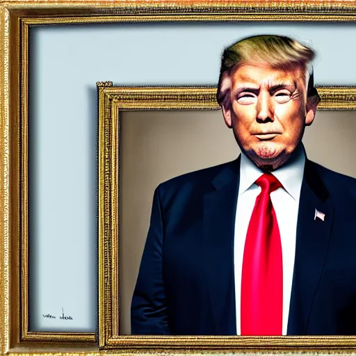 Prompt: a portrait of donald trump who is reaching his arm out of the painting beyond the frame, surrealistic, supernatural - n 4