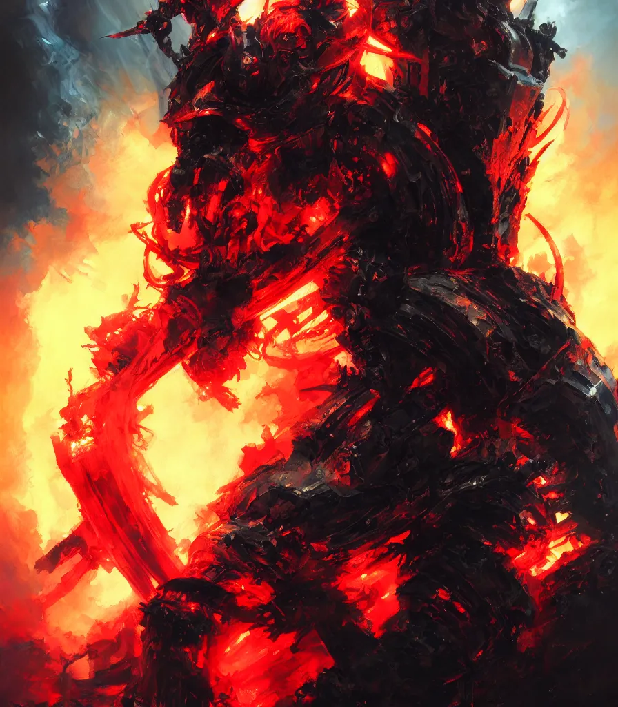 Image similar to a hellish knight paladin, black armor, bright flames, flowing backlit hair, beautifully designed character, award winning collaborative painting by geg ruthowski, alphonse murac, craig mullins, ruan jia, wlop, yoji shinkawa, collaborative artwork, exquisitely high quality and detailed