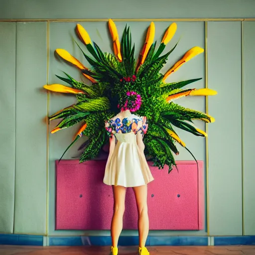 Image similar to giant flower head, full body, girl standing in mid century hotel, surreal, symmetry, bright colors, cinematic, wes anderson