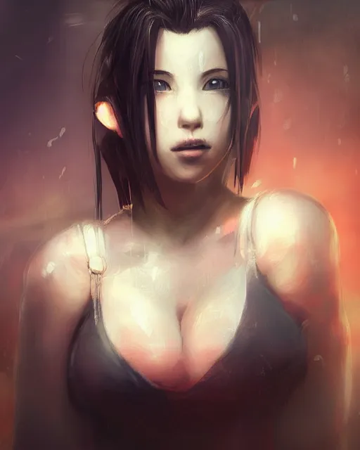 Prompt: beautiful cheeky tifa lockhart, face centered portrait, cottagecore, confident, fog, rain, volumetric lighting, soft light, illustration, perfectly shaded, intricate, beautiful, art by rembrandt