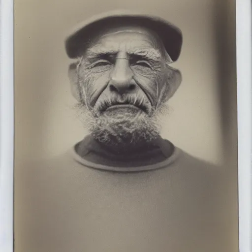 Image similar to polaroid photo of an older man, about 7 0 years old, with wrinkles on his face, looking towards infinity with a sad look, a two - day beard and a woolen cap while his lips are chapped by the sun, as well as his dark complexion