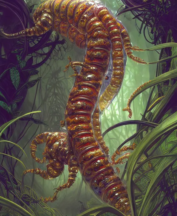 Image similar to intricate ornate opulent transparent clear see - through portrait of a terrifying beautiful fat male alien centipede, mottled coloring, adorable, childlike, overgrown jungle environment, ultra realistic, concept art, art nouveau, photorealistic, octane render, 8 k, unreal engine. art by christopher marley and artgerm and greg rutkowski and alphonse mucha