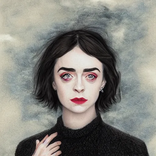 Image similar to a combination of Maisie Williams, Krysten Ritter, Anne Hathaway and Natalia Dwyer Christina Ricci and Lily Collins by Remedios Varo