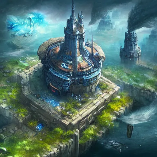 Prompt: aerial view of a giant fish tank shaped like a tower in the middle of a city, godray on plants, fantasy digital art, fantasy style art, fantasy hearthstone art style, fantasy game art by greg rutkowski, darksouls concept art