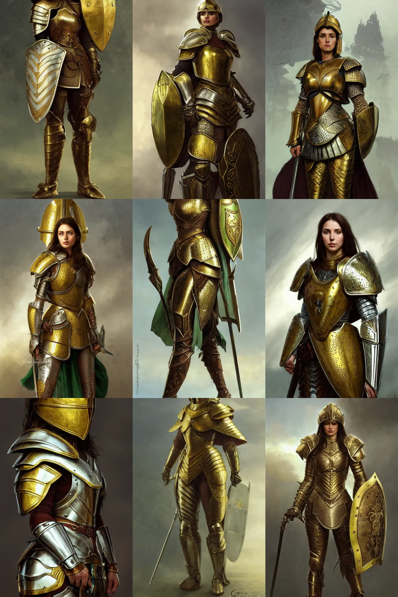 Prompt: full body portrait of a female italian warrior medium length brown hair and a very highly detailed face wearing elegant golden plate mail armor painted with green and white accents, holding a rectangular tower shield, very highly detailed, artstation, cgsociety, realistic character concept art, sharp focus, by greg rutkowski, artgerm, and alphonse mucha