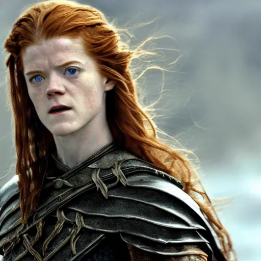 Image similar to Rose Leslie as Eowyn, Lord of the Rings, film still, high detail