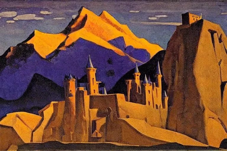 Image similar to A oil painting of a castle in the mountains at night by Nicholas Roerich, by Georgia o Keeffe, by Gustave Moreau