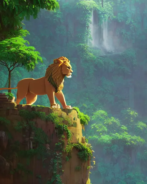 Image similar to statue of a lion in a temple, lush vegetation, waterfalls, cory loftis, james gilleard, atey ghailan, makoto shinkai, goro fujita, character art, rim light, exquisite lighting, clear focus, very coherent, plain background, soft painting