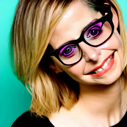 Prompt: A colorful studio portrait of Sarah Michelle Gellar wearing elegant thin-rimmed glasses; f/1.4, 90mm