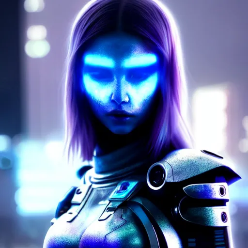 Image similar to An hyperrealistic portrait painting of a cyber warrrior girl, no face mask, blue and ice silver color armor, ultradetailed face expression by WLOP and Nixeu, cyberpunk color feel raining at tokyo midnight rooftop, unreal 5, DAZ, 8k, hyperrealistic, octane render, cosplay, RPG portrait, final fantasy artwork concept, dramatic lighting, rim lights, PS5 render quality