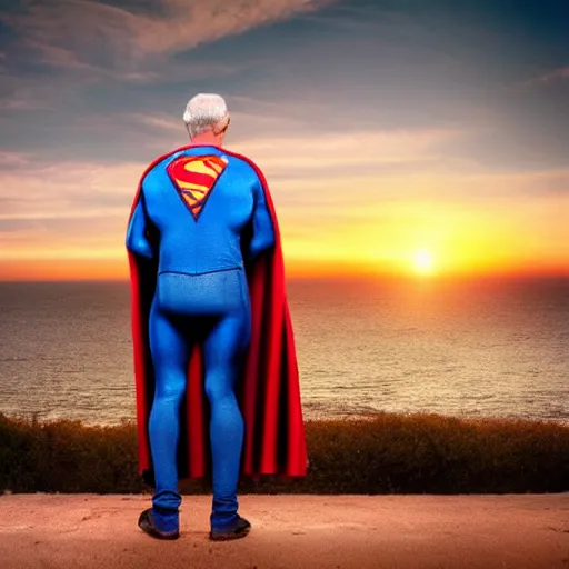 Image similar to extremely realistic elderly retired superman loose costume sad sighing alone looking at a sunset cape in the breeze