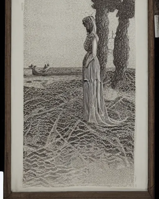 Image similar to a woman standing by the sea, made of intricate decorative lace leaf skeleton, in the style of the dutch masters and gregory crewdson, dark and moody