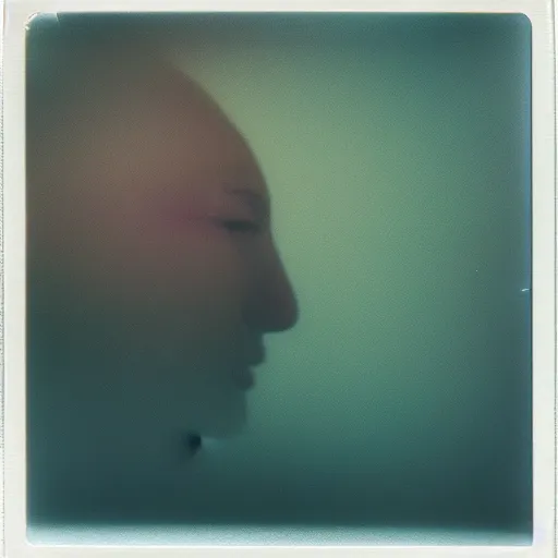 Image similar to polaroid of a beautiful woman in dream, collage, reflection, double exposure, gradient, chromatic aberration, fog, proportional