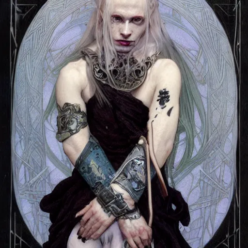 Image similar to portrait of an androgynous albino Viking elf with blue-tinged skin and ghostly art nouveau tattoos wearing black cloak and expression of manic disdain by Greg Rutkowski, Brom, Yoshitaka Amano!!!! and Alphonse Mucha