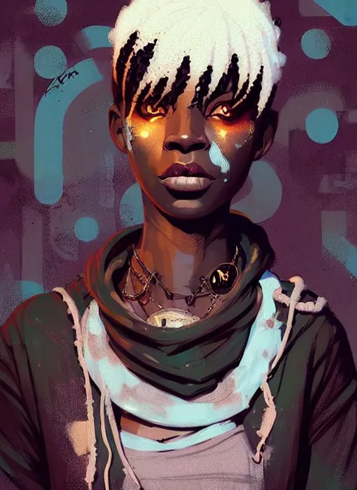 Image similar to highly detailed portrait of a sewer punk african lady, tartan hoody, white afro hair by atey ghailan, by greg rutkowski, by greg tocchini, by james gilleard, by joe fenton, by kaethe butcher, gradient cyan, brown, blonde cream and white color scheme, grunge aesthetic!!! ( ( graffiti tag wall background ) )