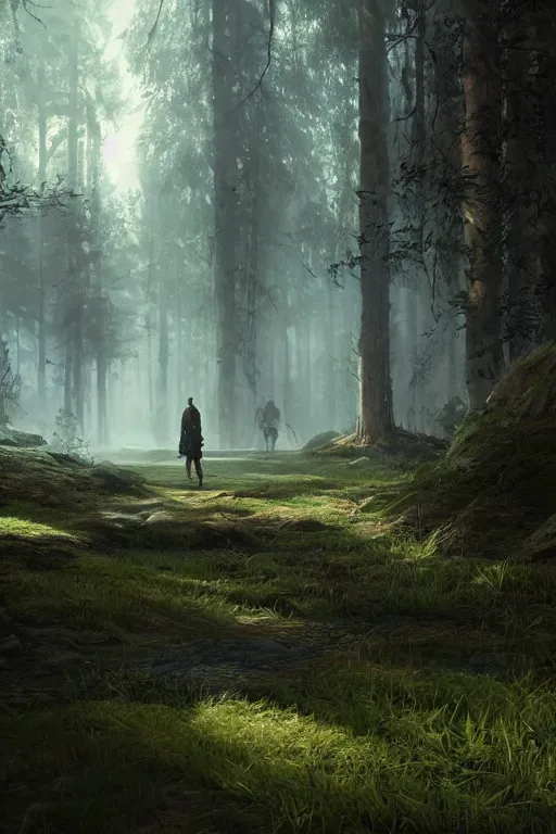 Prompt: A beautiful forest with a giant walking in the far distance by Greg Rutkowski, Sung Choi, Mitchell Mohrhauser, Maciej Kuciara, Johnson Ting, Maxim Verehin, Peter Konig, final fantasy , 8k photorealistic, cinematic lighting, HD, high details, atmospheric,