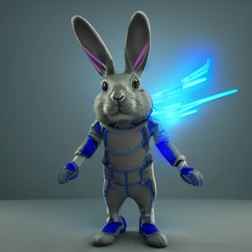 Prompt: 3d render of a cyberpunk rabbit, blue colour, high energy, low mood, artstation, High quality