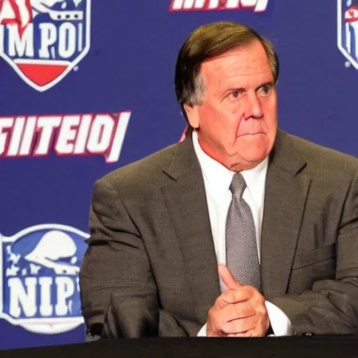 Image similar to Coach Belichick with a ripped physique answering questions from the media about steroid use