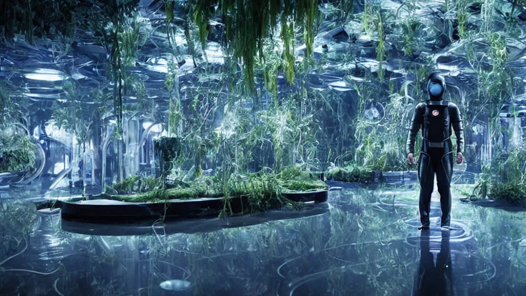 Image similar to Futuristic astronaut in an empty dark flooded ballroom overgrown with aquatic plants, film still from the movie directed by Denis Villeneuve with art direction by Salvador Dalí, wide lens