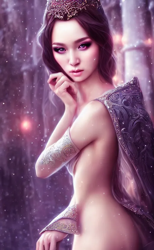 Image similar to a fantasy photo of gorgeous russian female, evening gown, bokeh, medium shot, beautiful face, professionally retouched, soft lighting, realistic, smooth face, perfect eyes, sharp focus, 8 k realistic high definition, insanely detailed, intricate, elegant, art by artgerm and kyoung hwan kim