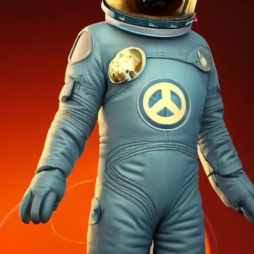 Prompt: a man in a space suit with a peace sign on his chest, computer graphics by senior character artist, trending on cgsociety, antipodeans, soviet propaganda, rtx, elite