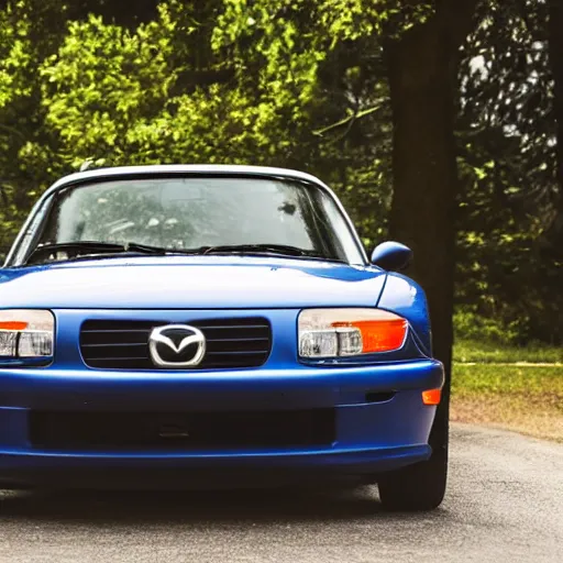 Prompt: two 1 9 9 3 mazda miatas kissing